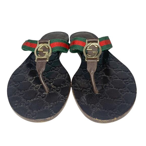 Gucci GG Web Stripe Thong Sandals EU 38.5 US 8.5 Brown Flip Flop Slide Flat Heel - Picture 9 of 13